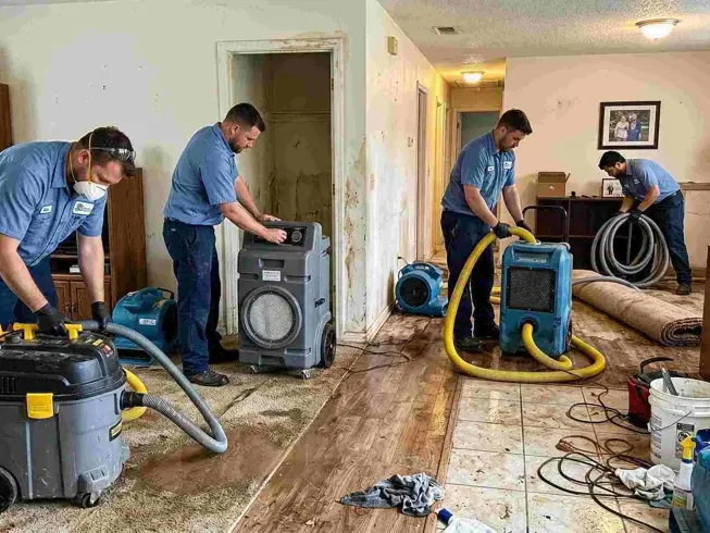 Restoration technicians operate extraction and drying equipment inside a water damaged home