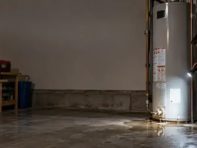 Flashlight inspection of a leaking water heater in a garage
