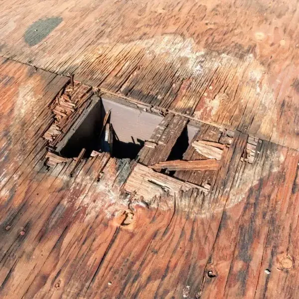 Hardwood boards removed to expose the supporting floor