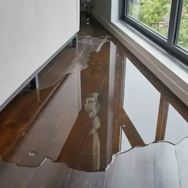 Water pooled across a wood look floor beside a large window