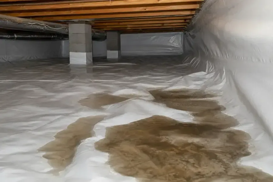 Muddy water pooled on a white vapor barrier in a crawl space under a home