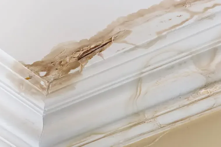 Water stained ceiling corner with peeling paint and exposed damaged plaster
