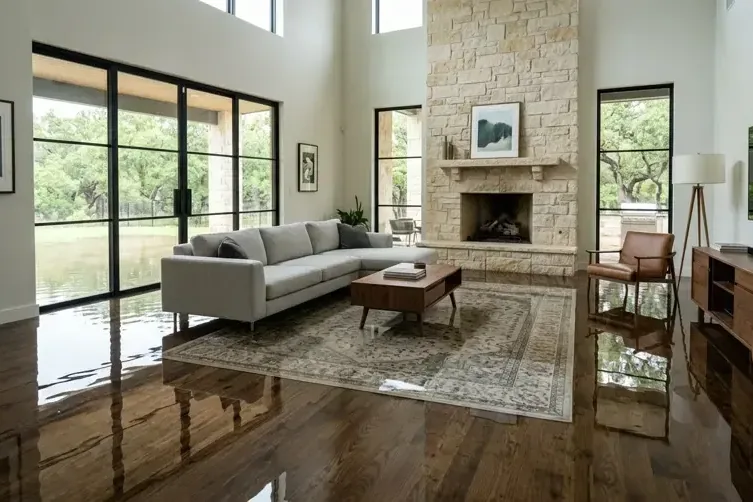 Storm floodwater across the floor of a living room