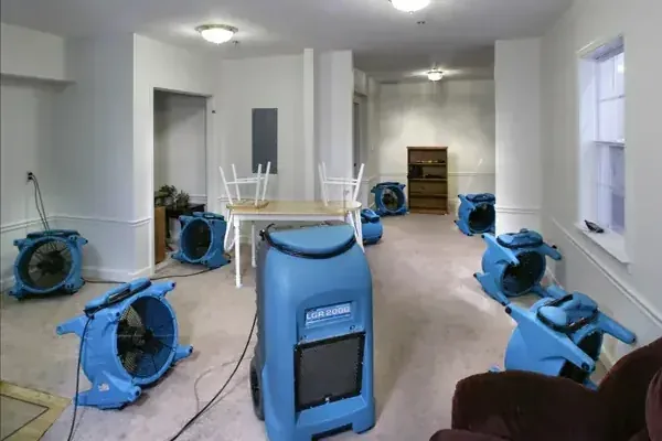 Air movers and dehumidifiers drying a room