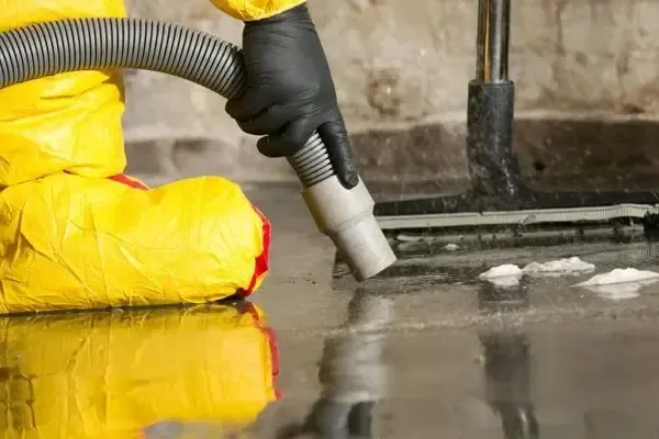 Extraction hose pulling standing water off a concrete floor, water extraction